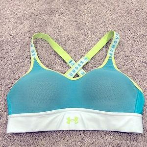 UNDER ARMOUR Women’s Crossback Low Sports Bra Turquoise Lime Green MOLDED XS